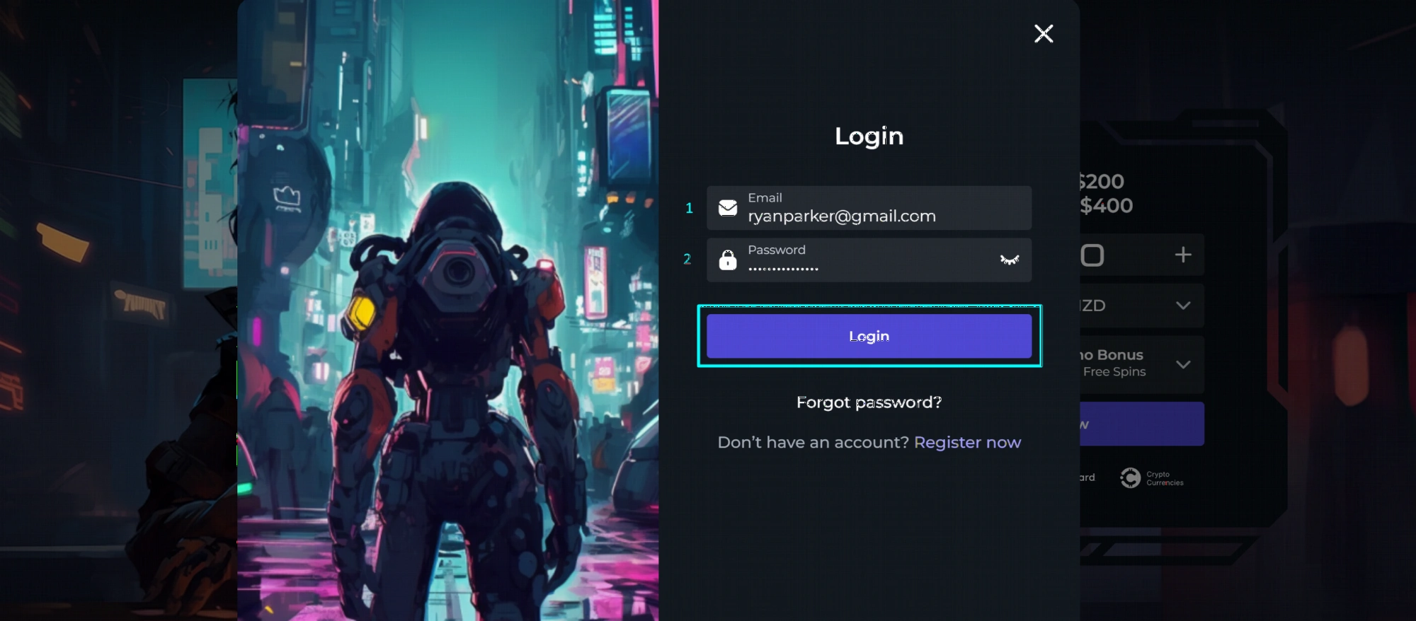 Interfaccia di login Winsane Casino